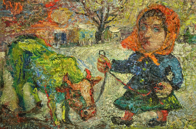 David Burliuk, Ukrainian/American (1882- 1967) "Woman with a Cow" Oil on Canvas 