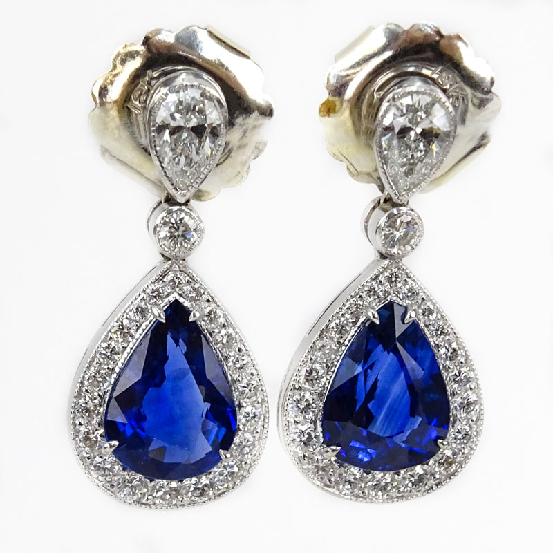 Vintage Approx. 5.40 Carat Pear Shape Sapphire, Diamond and Platinum Pendant Earrings. 