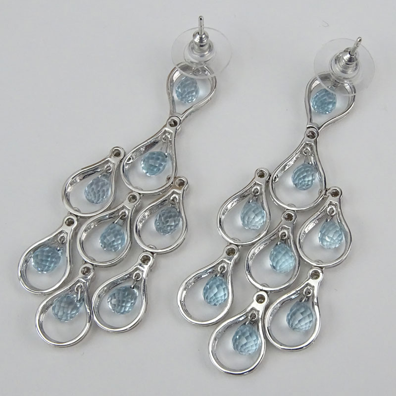 Briolette Cut Blue Topaz, Diamond and 18 Karat White Gold Chandelier Earrings. 