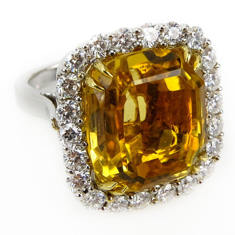 Approx. 23.0 Carat Gem Quality Cushion Cut Citrine, Round Brilliant Cut Diamond and 18 Karat White Gold Ring. 