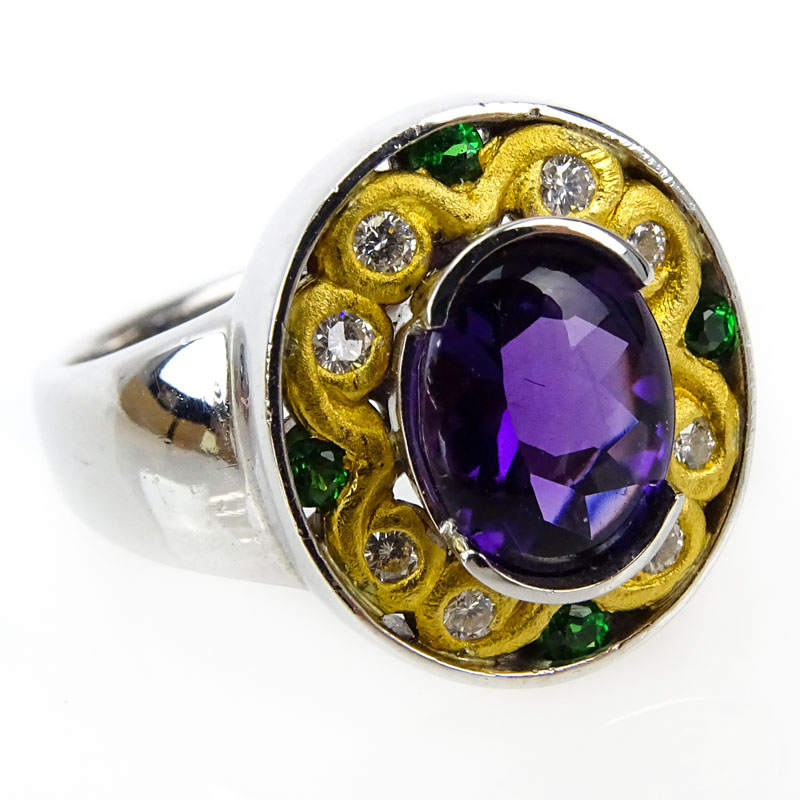 Antique Style Cabochon Amethyst, Diamond, Tsavorite Garnet and 18 Karat yellow and White Gold Ring. 