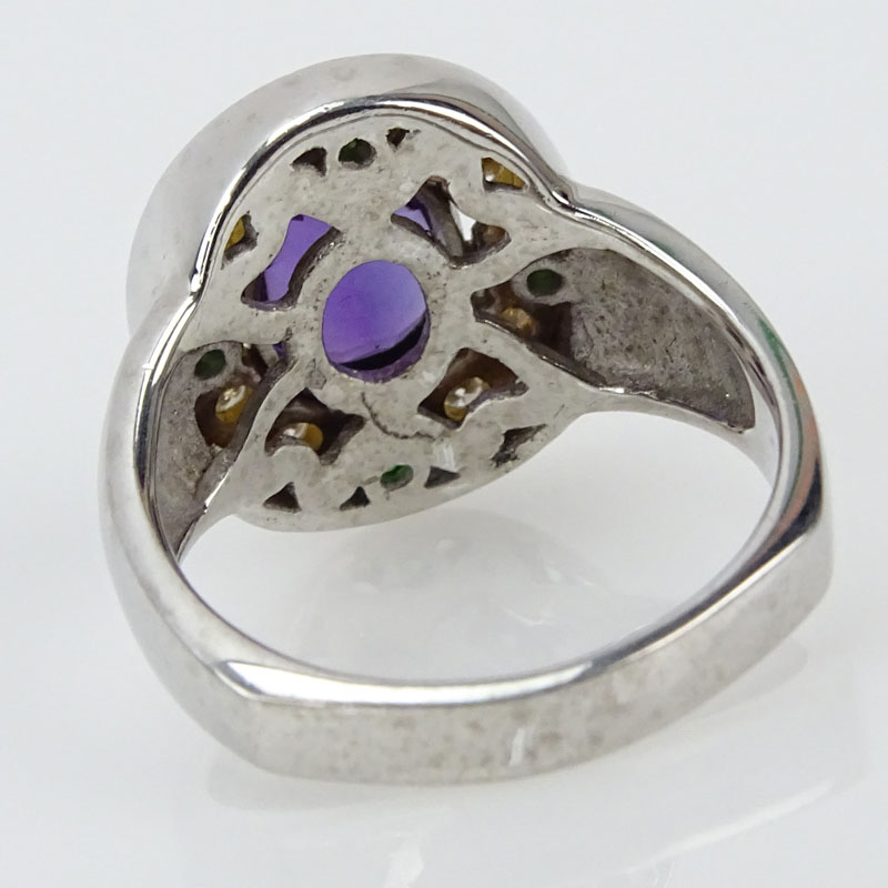 Antique Style Cabochon Amethyst, Diamond, Tsavorite Garnet and 18 Karat yellow and White Gold Ring. 