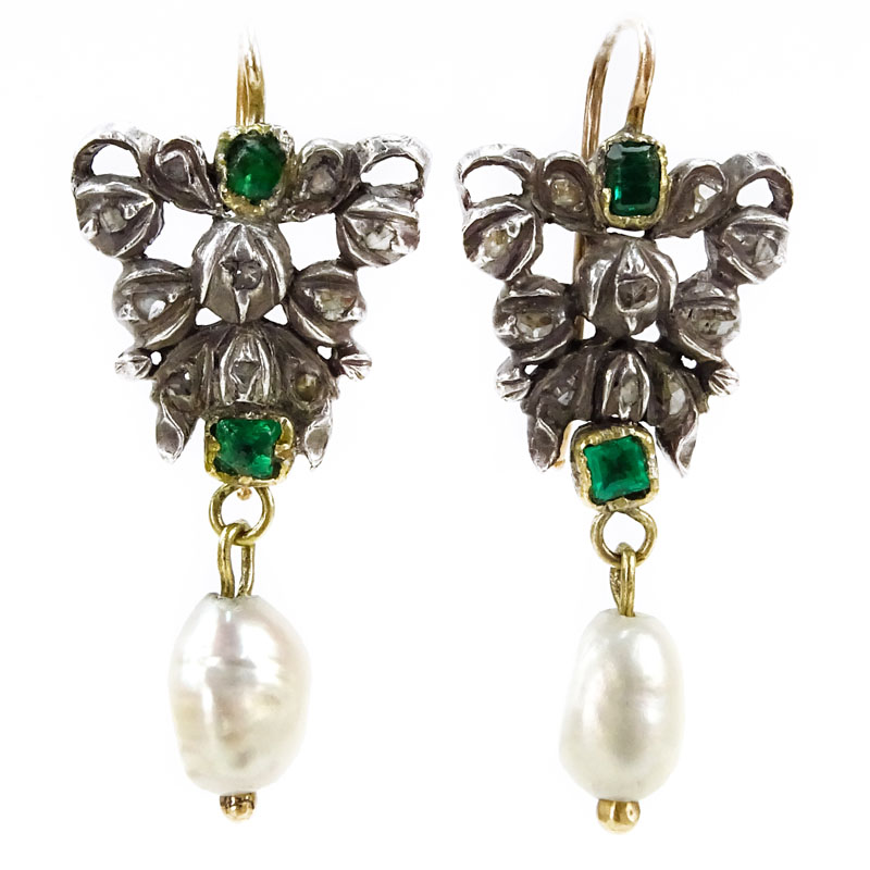 Vintage Emerald, Pearl and Silver Pendant Earrings.