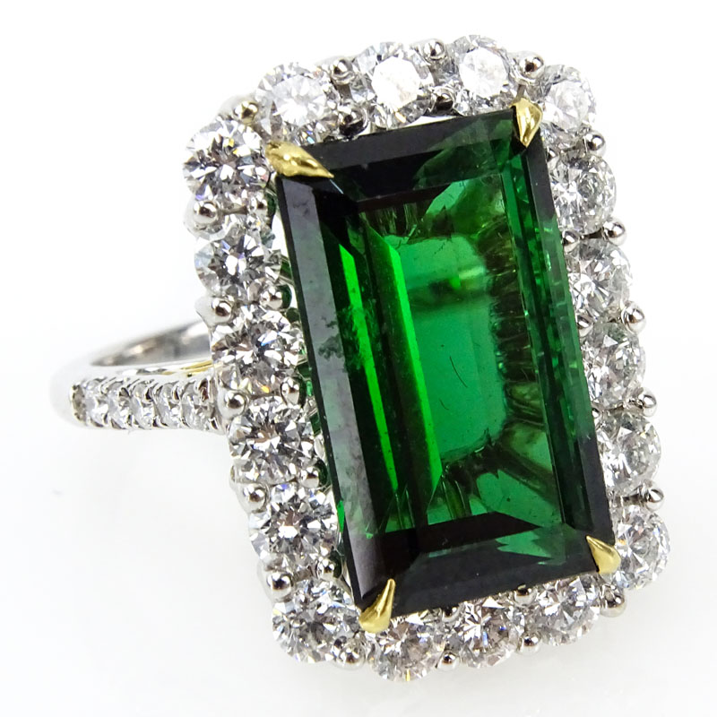 Approx. 11.81 Carat Emerald Cut Tourmaline, 2.48 Carat Round Brilliant Cut Diamond and 18 Karat White Gold Ring. 