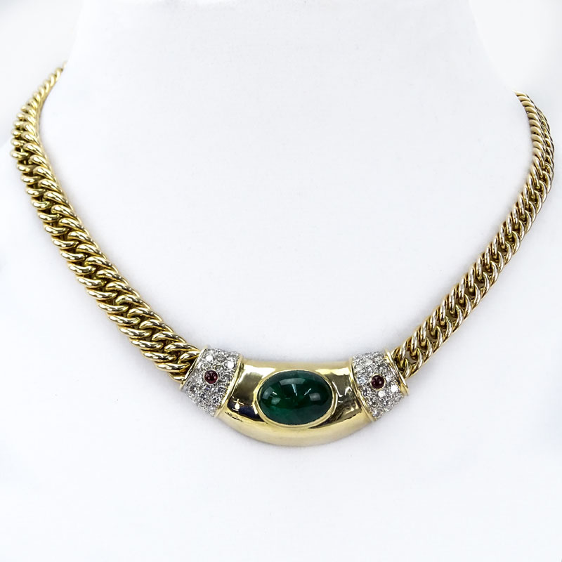 Vintage Bulgari style 12.0 Carat Cabochon Emerald, 2.0 Carat Pave Set Round Brilliant Cut Diamond, .30 Carat Ruby and 14 Karat 14 karat Yellow Gold Weave Link Slider Pendant Necklace. 