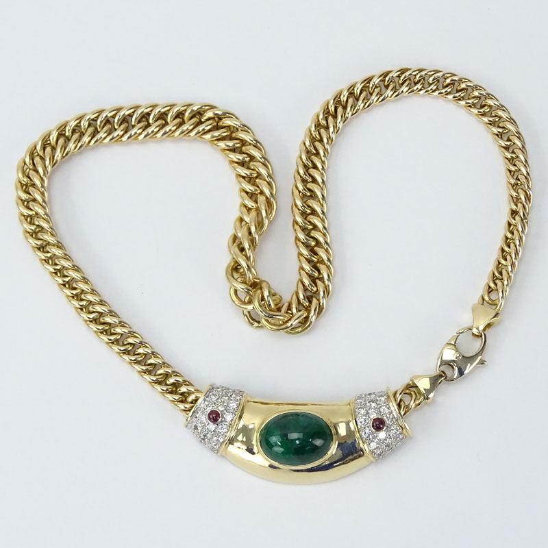 Vintage Bulgari style 12.0 Carat Cabochon Emerald, 2.0 Carat Pave Set Round Brilliant Cut Diamond, .30 Carat Ruby and 14 Karat 14 karat Yellow Gold Weave Link Slider Pendant Necklace. 