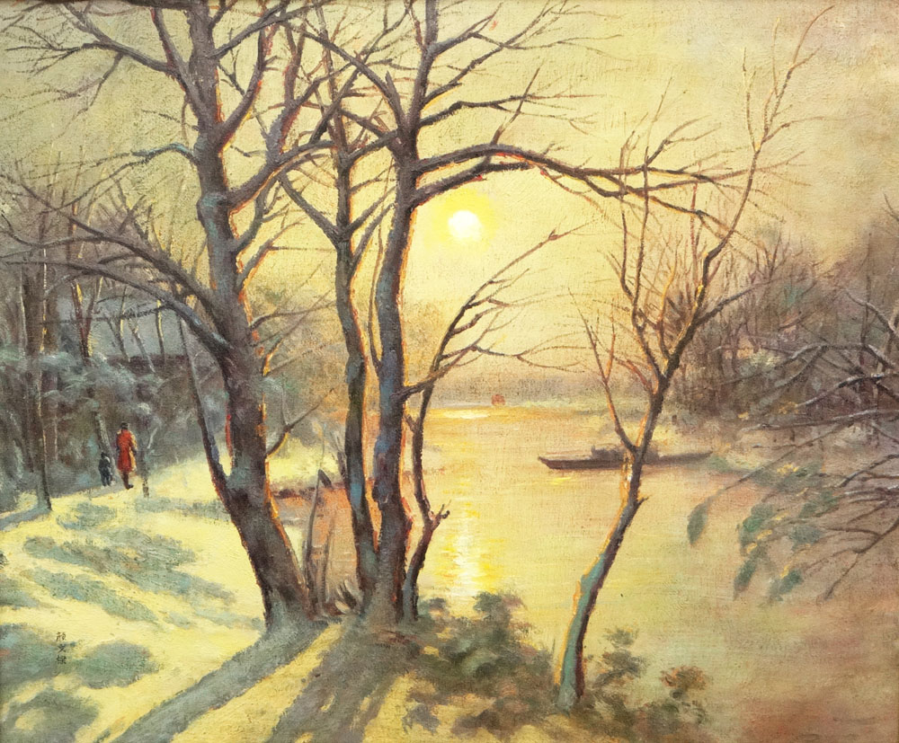 after: Yan Wenliang Chinese (1893-1990) Oil on Canvas "Cold Day at the Lake".