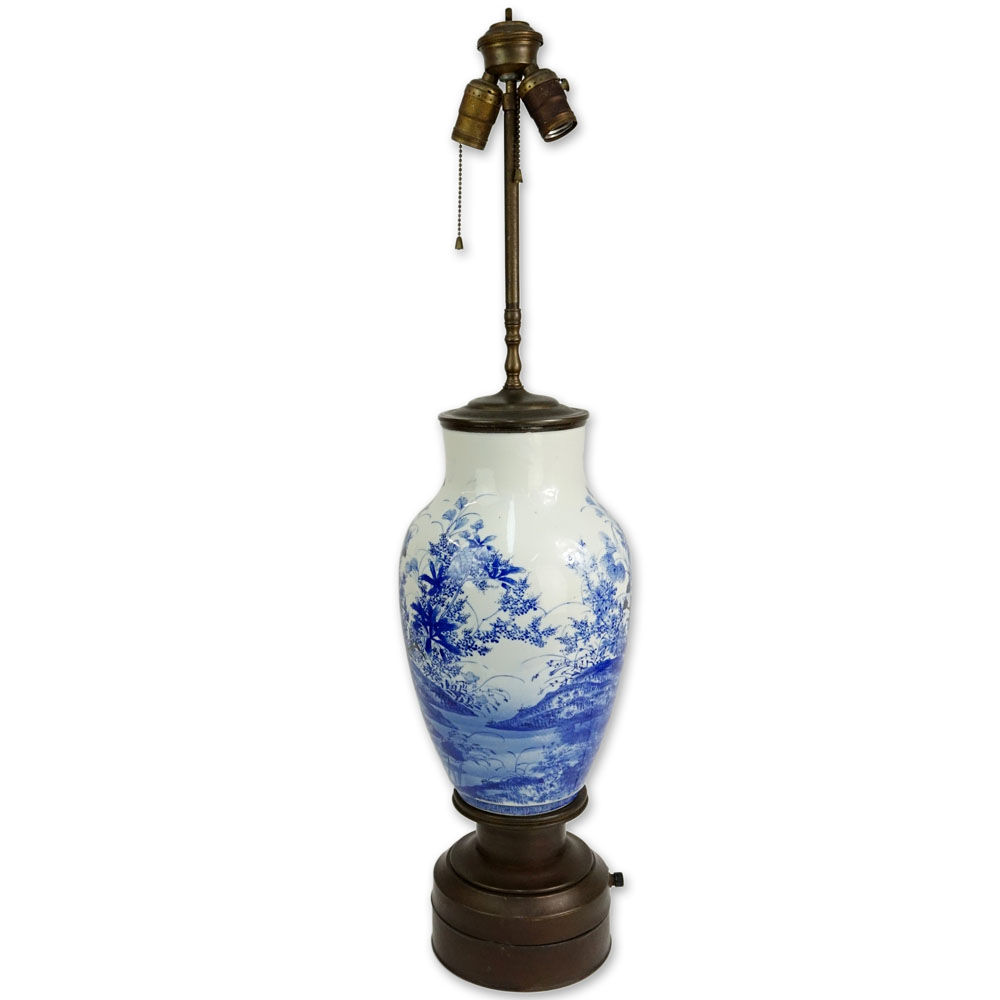 Vintage Chinese Blue and White Porcelain Vase as a Lamp on Metal Base.