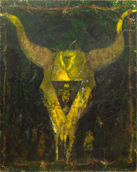 Large Contemporary Abstract Oil on Board. Features a Steer Skull with a Cowboy in Center.