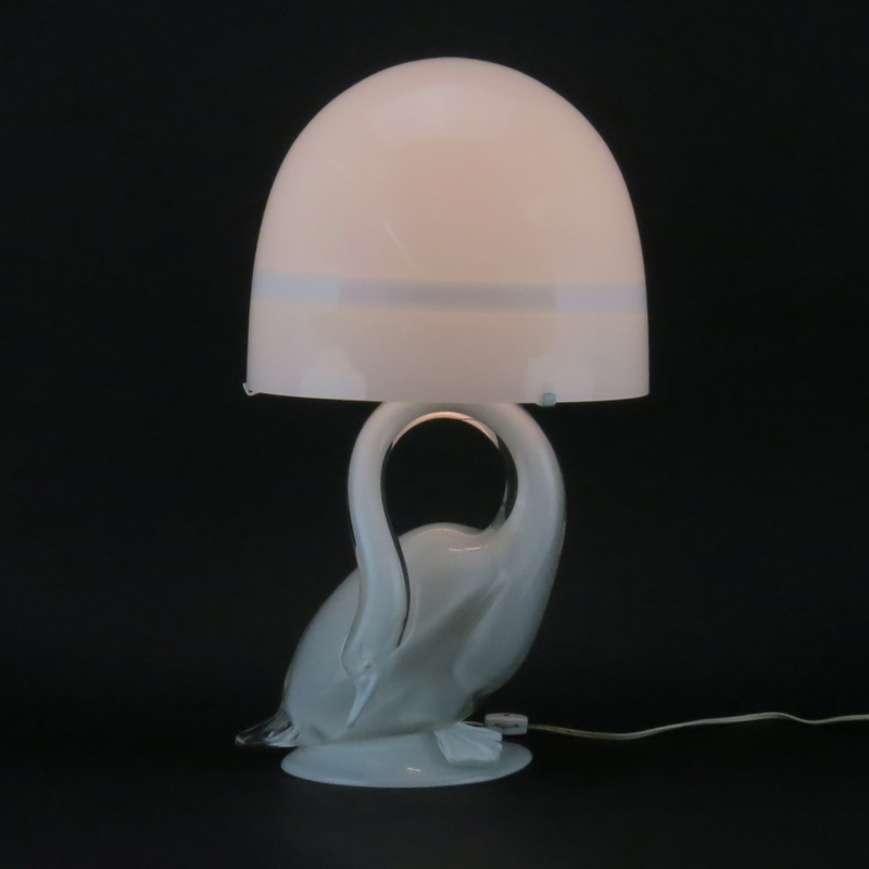 Murano Glass White Swan Lamp with Shade, Possibly Seguso. 