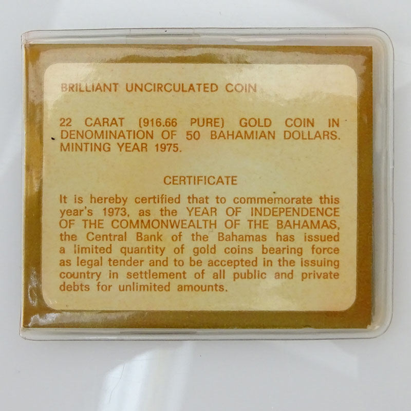 Two (2) Commonwealth of the Bahamas 1975 $50 22 Karat Gold Proof Coins with Case and Accompanying Letter, One (1) Certificate. 