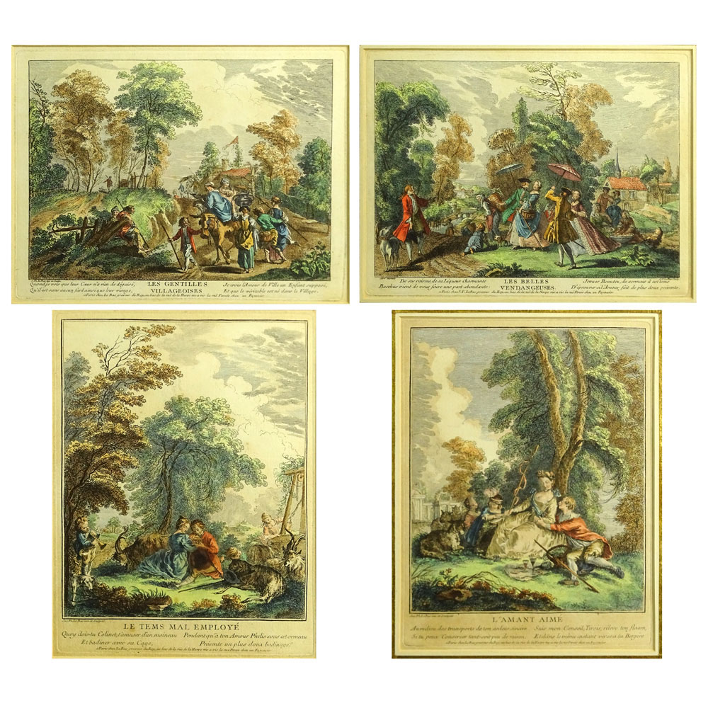 Jacques Philippe Le Bas, French (1707-1783) Four (4) Hand Colored Engravings. 