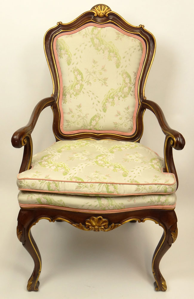 Vintage Karges Furniture Venetian style Carved and Parcel Gilt Open Arm Chair.