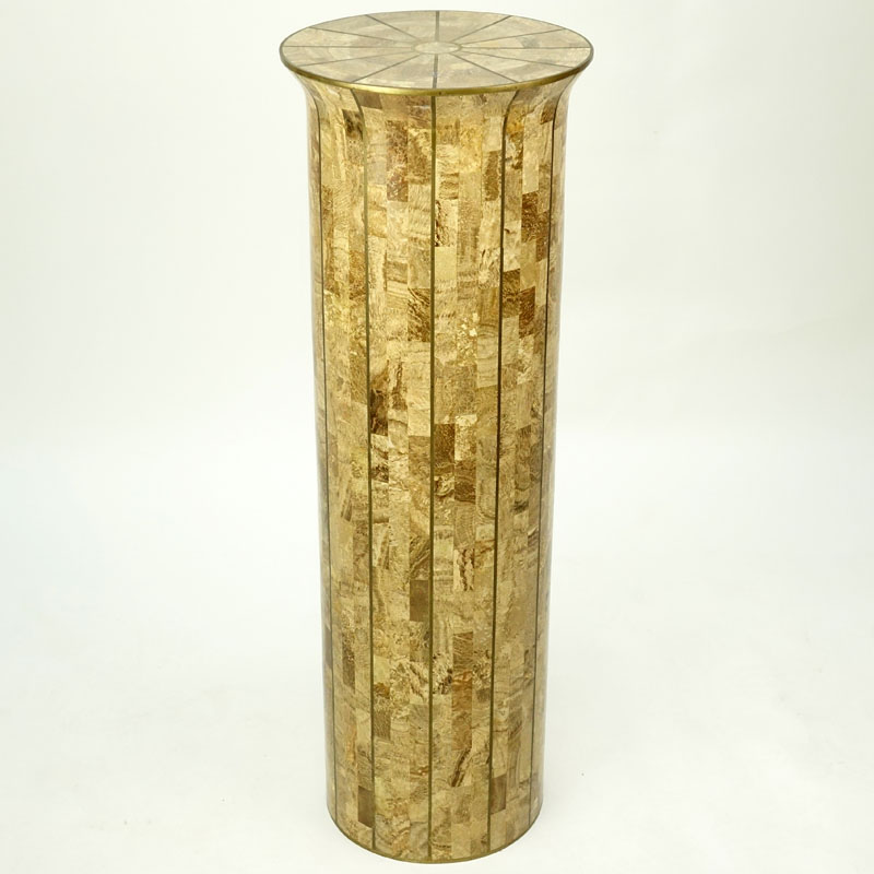 Maitland-Smith Tessellated Tile and Brass Mounted Pedestal. Sphered form with flared rim at the top.