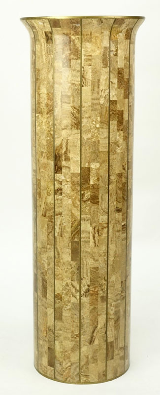 Maitland-Smith Tessellated Tile and Brass Mounted Pedestal. Sphered form with flared rim at the top.