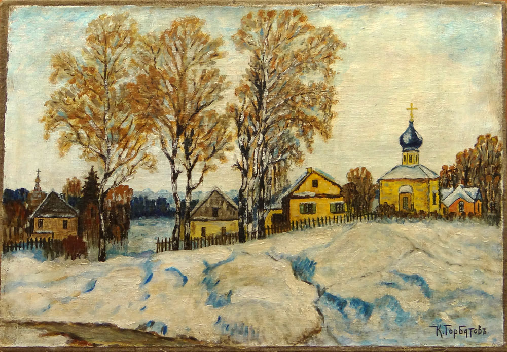 Signed K. Ivanovich Gorbatov, Russian Oil on Canvas "Village Landscape". 