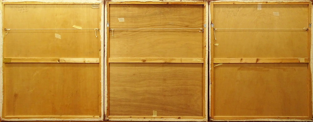 Rib Bloomfield, British (20th C) Retro 1970's Oil on Canvas on wooden relief Tryptic Painting.
