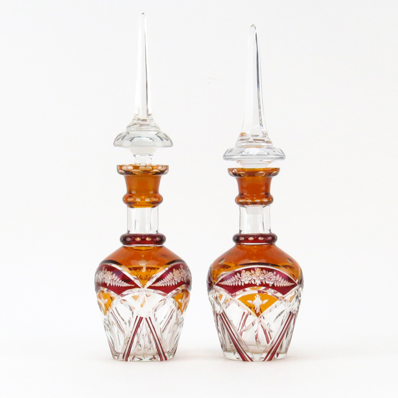 Pair Vintage Bohemian Etched, Cut and Colored Glass Decanters With Stoppers. 