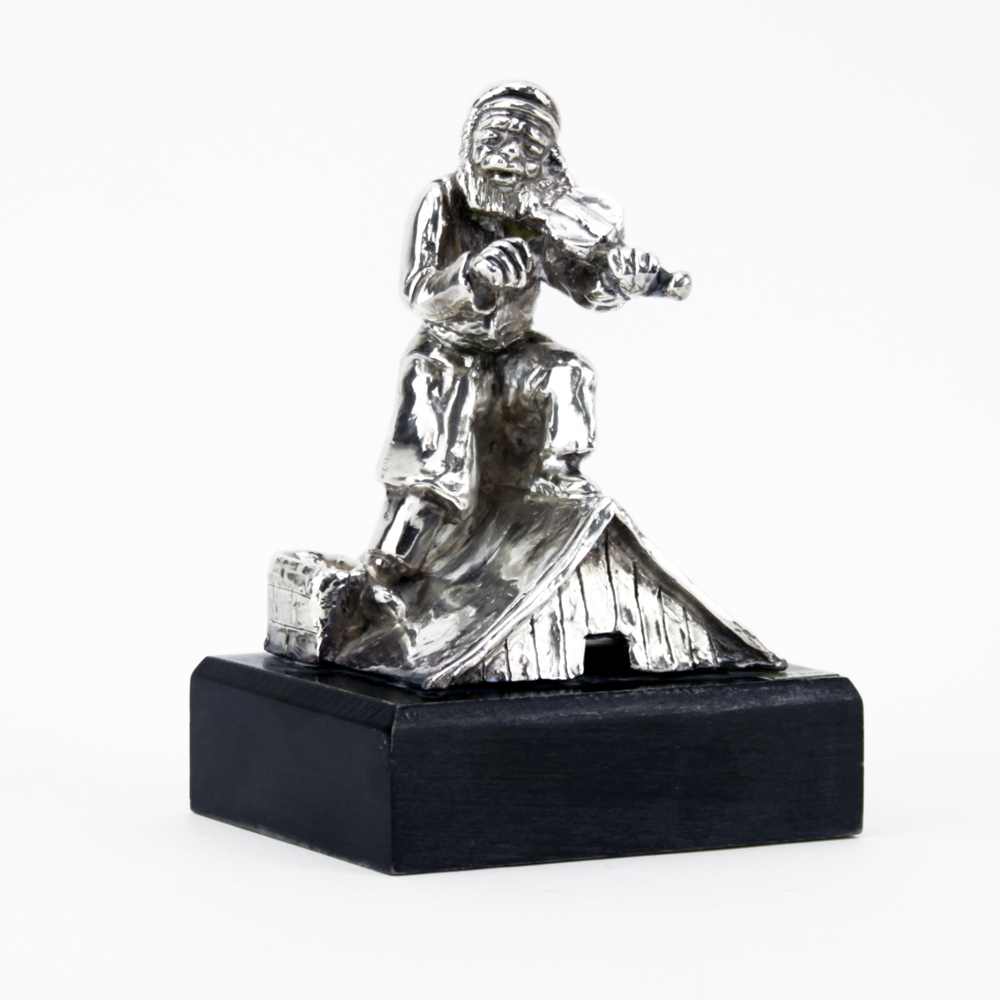 Yoel Zidon Sterling Silver "Fiddler on the Roof" on Wooden Base. 