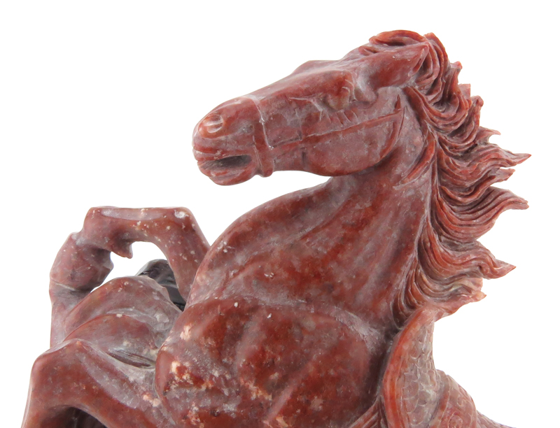 Hand Carved Chinese Natural Shoushan Stone Horse Figurine On Carved Wood Base.
