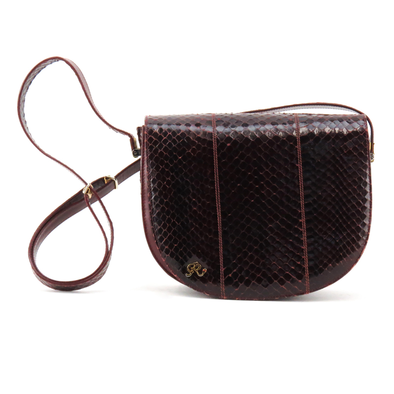 Aubergine Python Shoulder Flap Hand Bag By Robert From NYC. Features purple snakeskin leather, god-tone hardware.