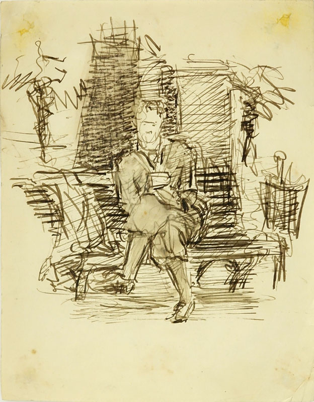 Circa 1920's European School Ink On Paper "Man Seated On Bench" Unsigned. 