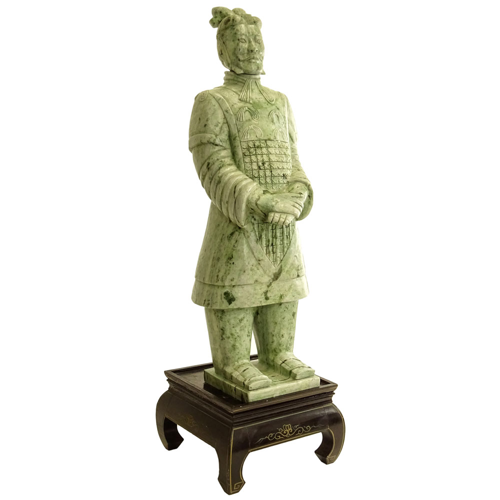 Large and Heavy Chinese Carved Jade Figure of A Man on Inlaid Wood Stand.