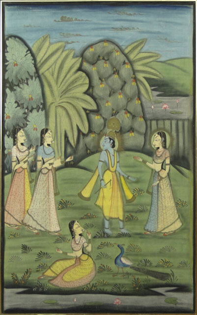 20th Century Indian Painting on Cotton Fabric Depicting Krishna in a Garden Scene.