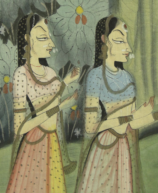 20th Century Indian Painting on Cotton Fabric Depicting Krishna in a Garden Scene.