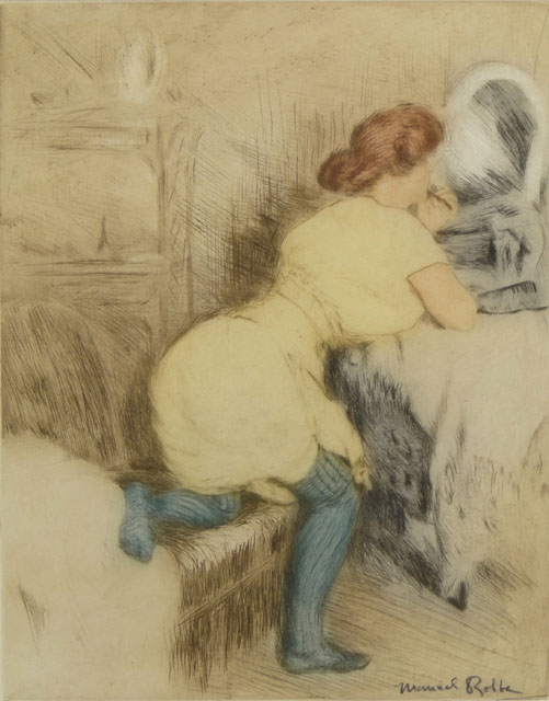 after: Manuel Robbe French (1872-1936) Color Aquatint "At the Mirror" Bears Signature Lower Right. 