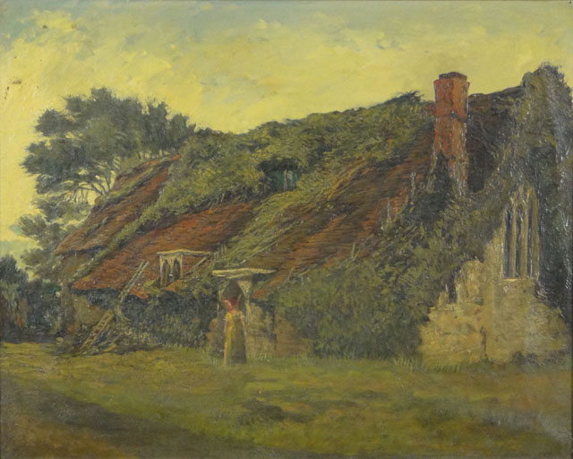 19th Century Unsigned Continental Oil on Canvas "Thatched Hut with Young Girl".