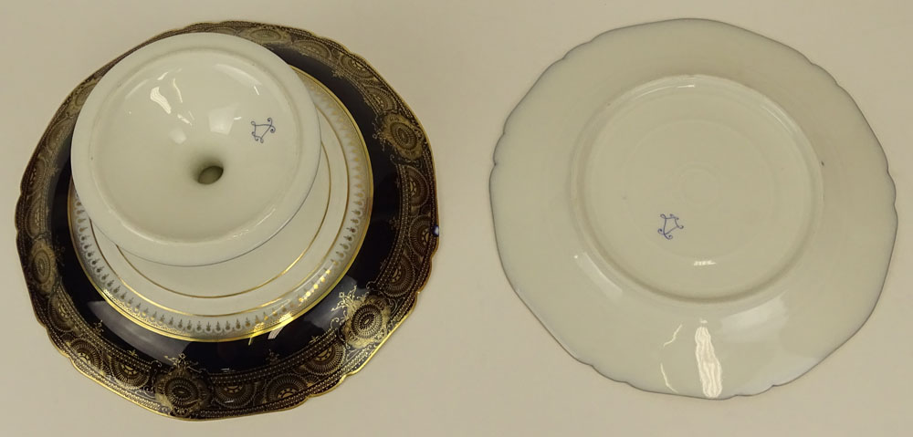 Six (6) piece lot of Sevres Cobalt/flow blue dessert plates and compote.