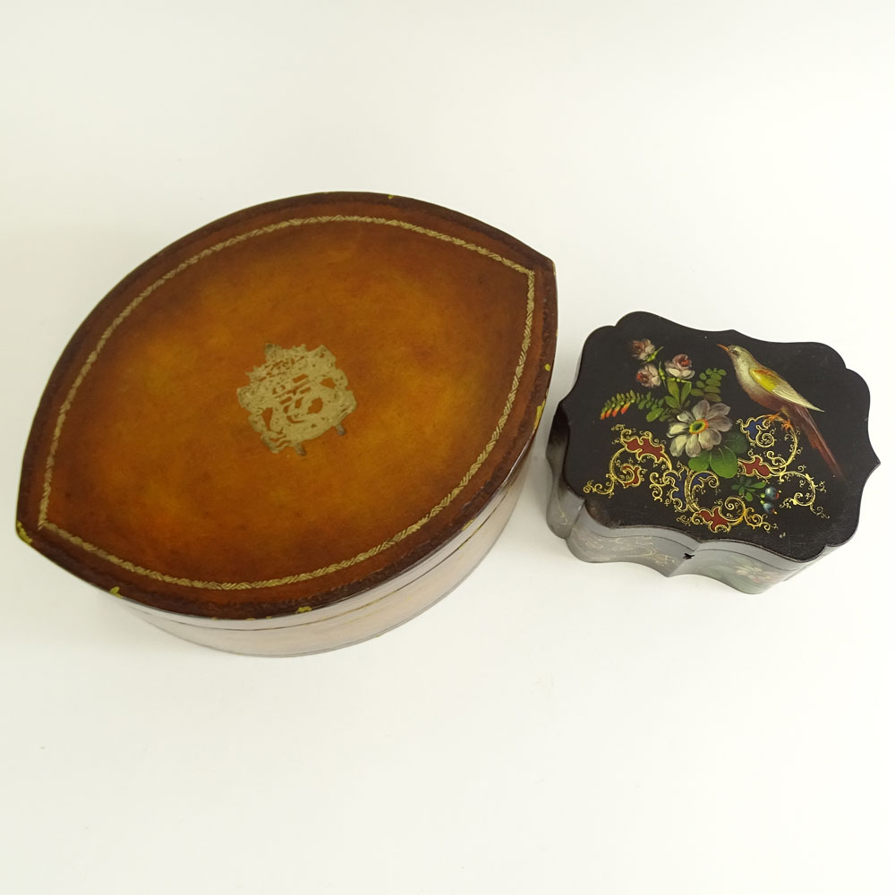 Vintage Toleware Tea Caddy and a Leather Covered Lacquered Box.