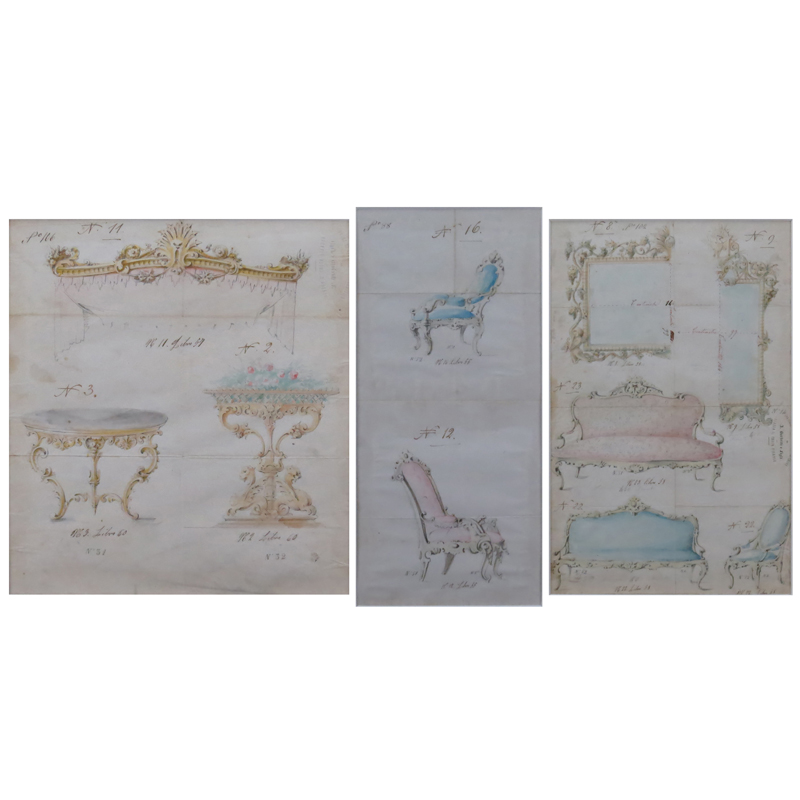 19th Century Italian Pencil, Ink and Watercolors On Paper "Furniture Designs From Florence". 