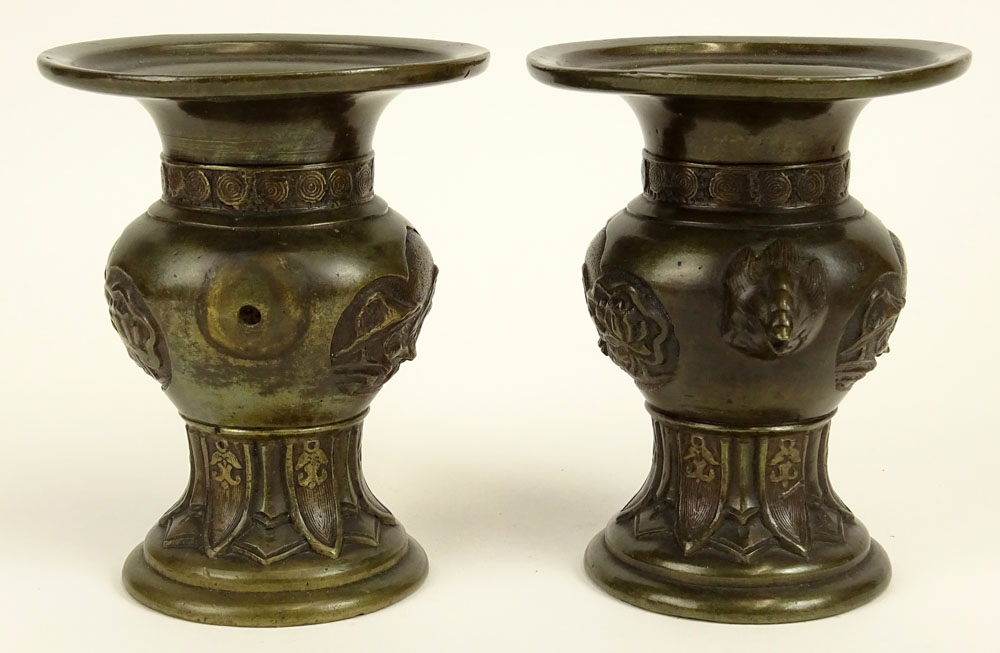 Vintage pair of miniature Japanese bronze urns.