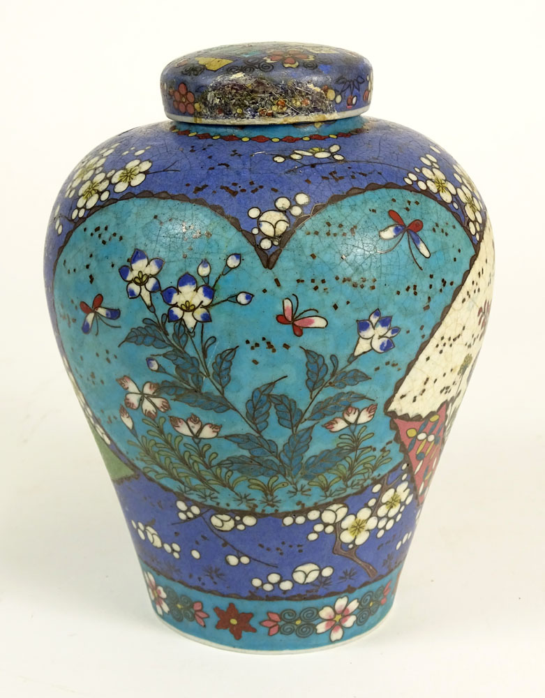 Antique Chinese Porcelain Cloisonné Decorated Lidded Ginger Jar.