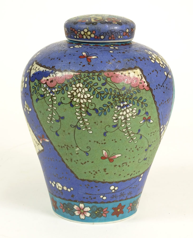 Antique Chinese Porcelain Cloisonné Decorated Lidded Ginger Jar.