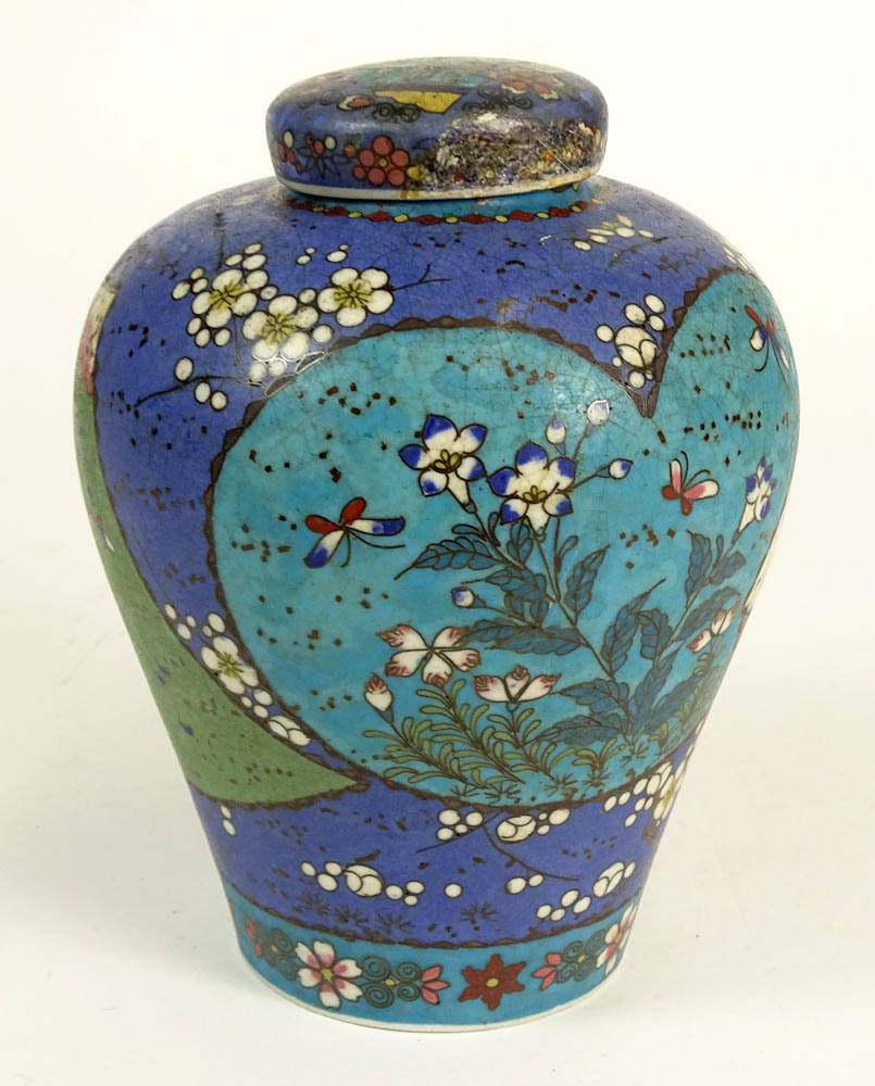 Antique Chinese Porcelain Cloisonné Decorated Lidded Ginger Jar.