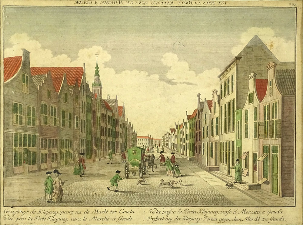 17/18th Century Dutch Hand Colored Engraving "Market tot Gouda" Captioned at top on French and at bottom in Dutch. 