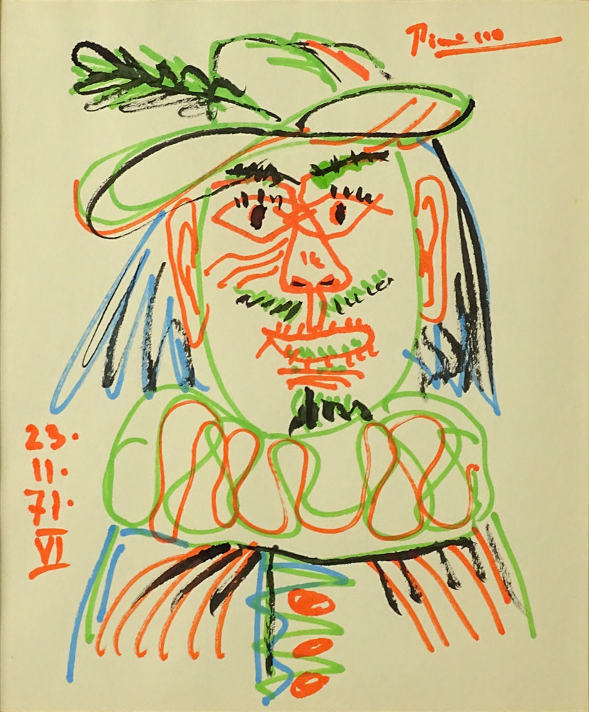 after: Pablo Picasso, Spanish (1881-1973) color lithograph, Clown. 