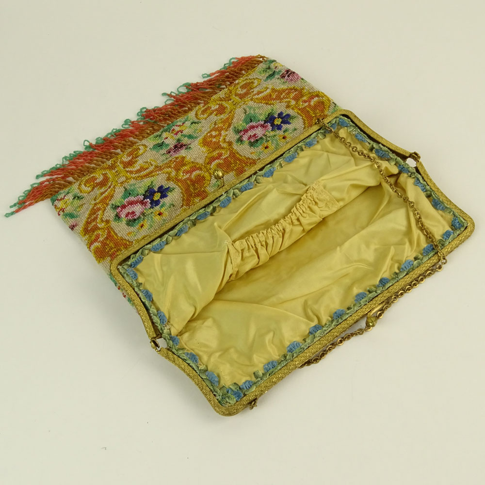 Edwardian Beaded Bag on Enameled Gilt Frame.