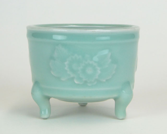 Circa Last Quarter 20th Century Chinese Longquan-style Celadon Porcelain Incense Burner with Lotus Motif. Unsigned.