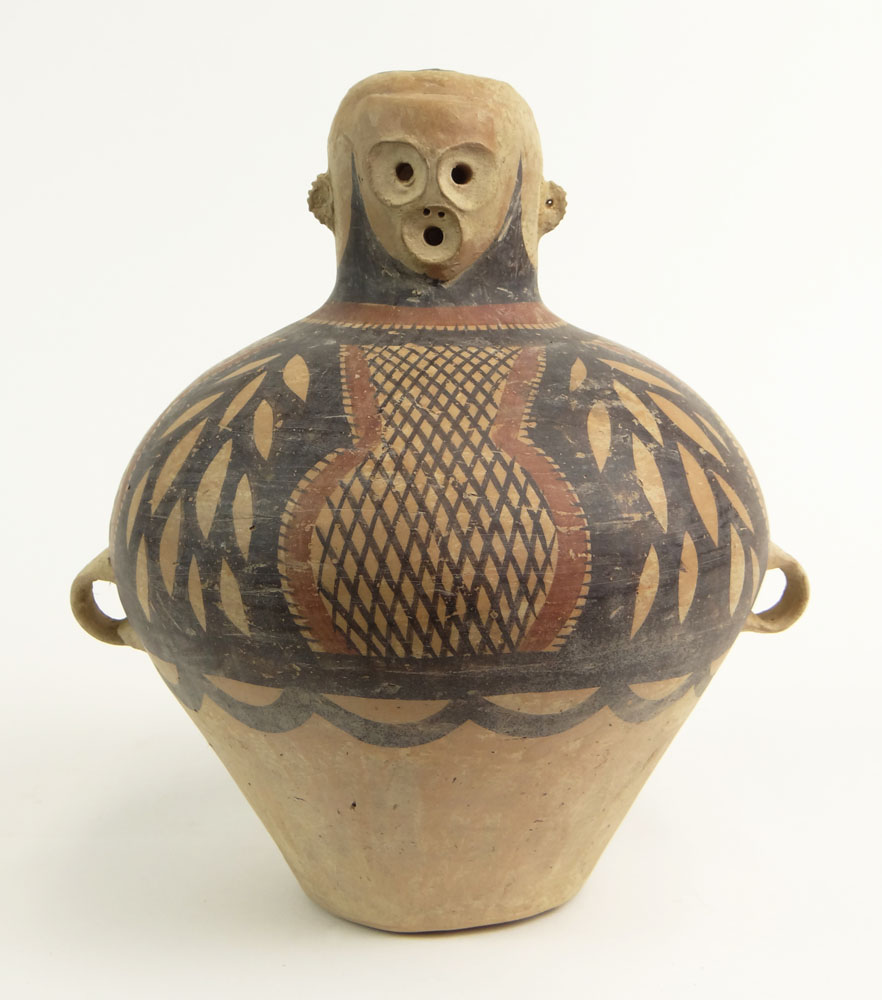 Antique Pottery Vessel with Red and Black Decoration, Loop Handles and Stylized Head to Neck. 