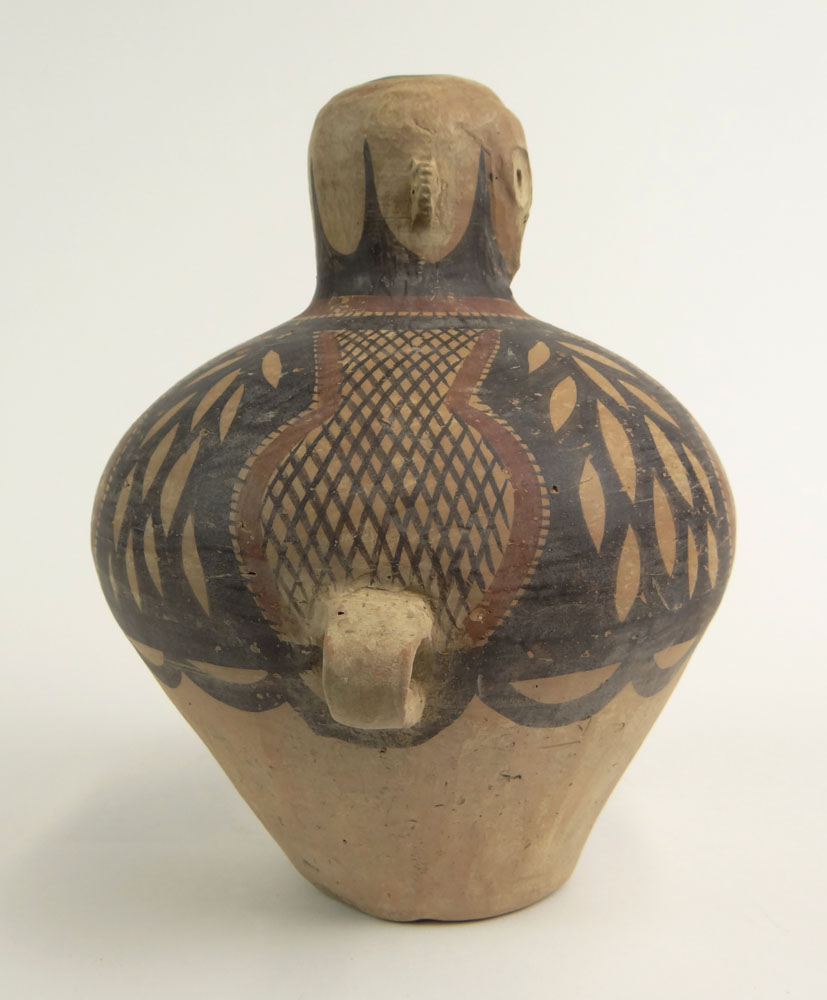 Antique Pottery Vessel with Red and Black Decoration, Loop Handles and Stylized Head to Neck. 