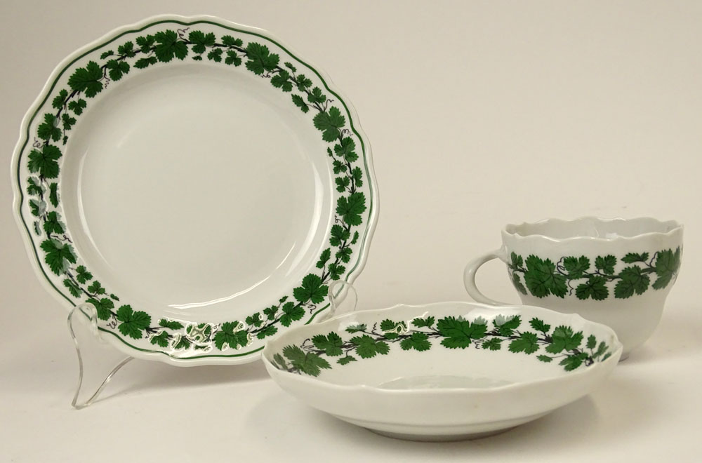 Three (3) Piece Lot Antique Meissen Green Vine Cup, Saucer and Cake Plate Set. 