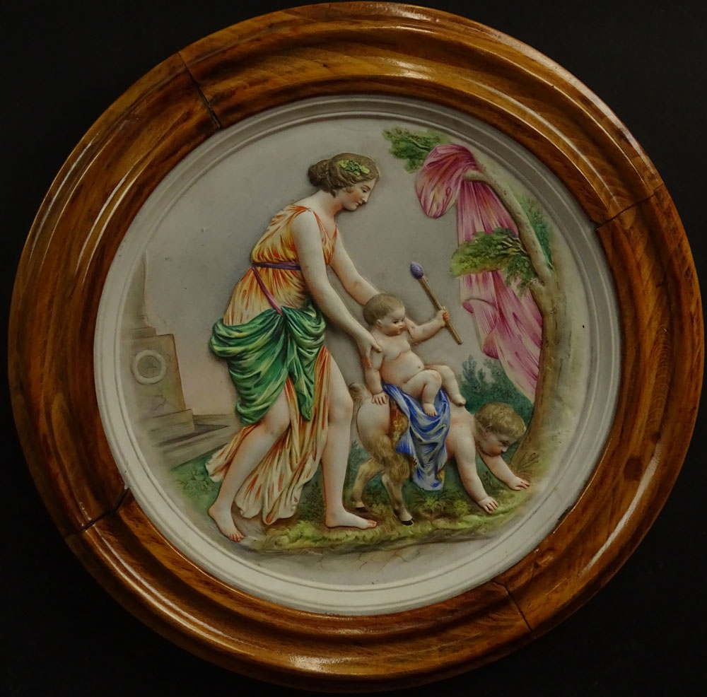 Vintage Hand Decorated Bisque Relief Plaque "Mythological Scene With Infant Satyr and Putto" Unsigned. 