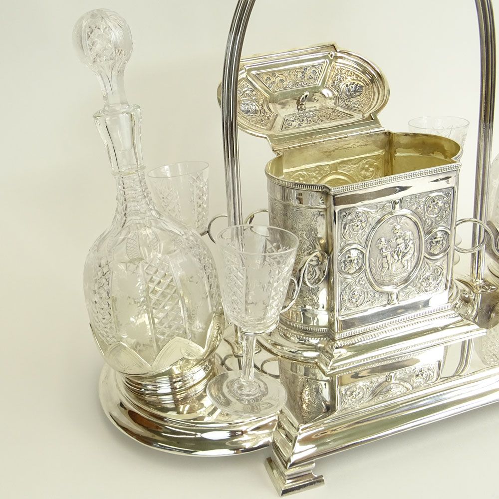 Fine Antique English Silverplate and Crystal Seven (7) Piece Decanter Set with Biscuit Box.