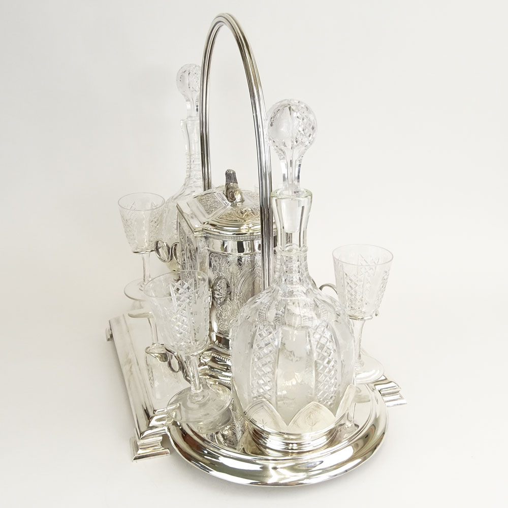 Fine Antique English Silverplate and Crystal Seven (7) Piece Decanter Set with Biscuit Box.