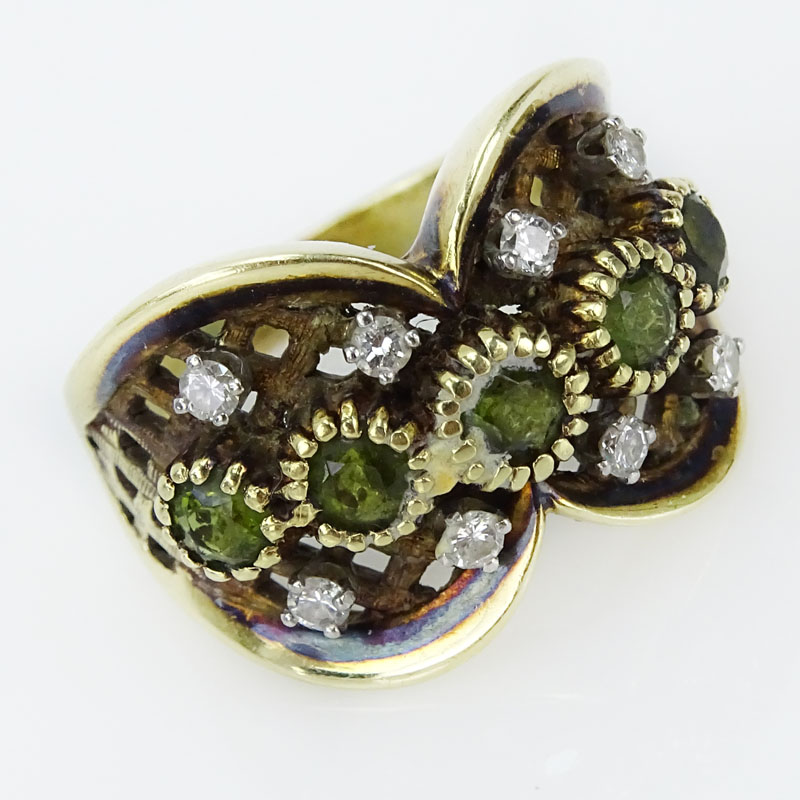 Vintage 14 Karat Yellow Gold, Peridot and Diamond Ring. 