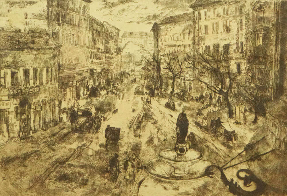 Eva Seday Hungarian (born1929- ) Etching "Village Square" Signed within Plate.